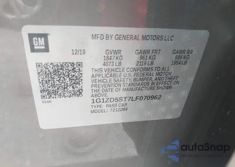 2020 Chevrolet Malibu Fwd Lt из США, поврежденный, VIN 1G1ZD5ST7LF070962